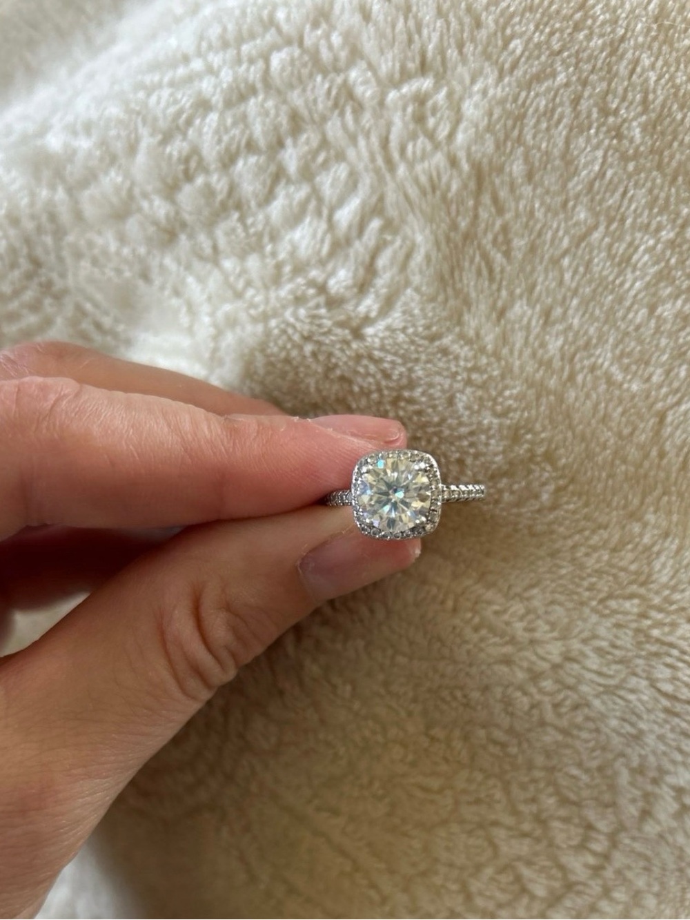 Classic Cushion Halo Moissanite Solitaire Ring in Sterling Silver
